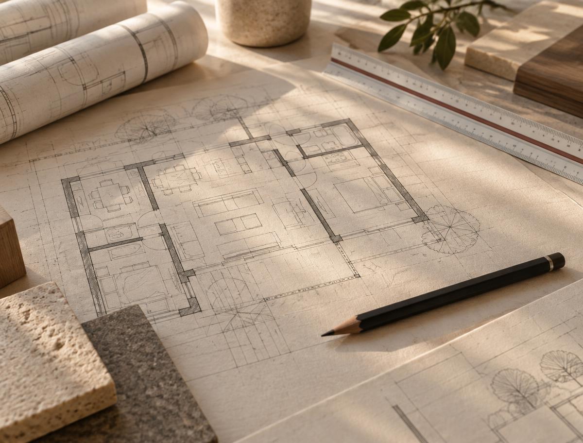 Architect's desk with hand-drawn floor plans, scale ruler and pencil